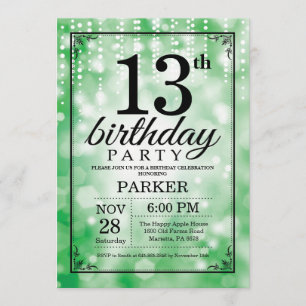 13th Birthday Invitation Green Glitter Kaart