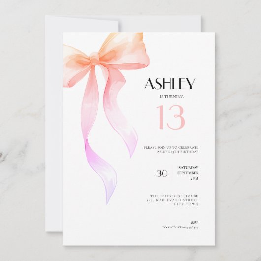 13th Birthday Invitation Pink Bow for Girls Kaart (Voorkant)