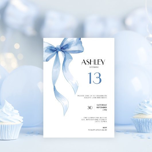 13th Birthday Invitation Teens Blue Bow for Girls Kaart