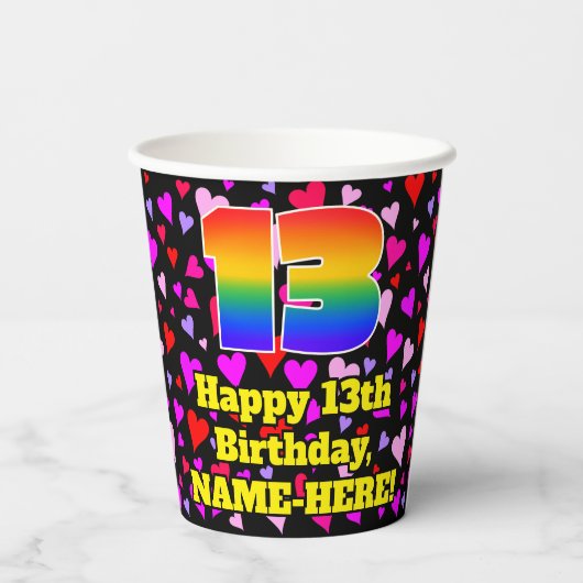 13th Birthday: Loving Hearts Pattern, Rainbow 13 Papieren Bekers (Achterkant)