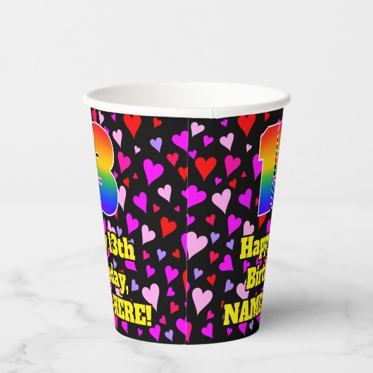 13th Birthday: Loving Hearts Pattern, Rainbow 13 Papieren Bekers (Rechts)