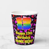 13th Birthday: Loving Hearts Pattern, Rainbow 13 Papieren Bekers (Voorkant)