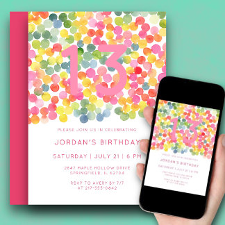 13th Birthday Modern Watercolor Bold Cute Pink Kaart