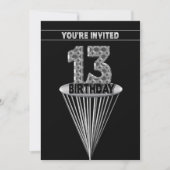 13th Birthday Party Invitation - Silver and Black, Kaart (Voorkant)