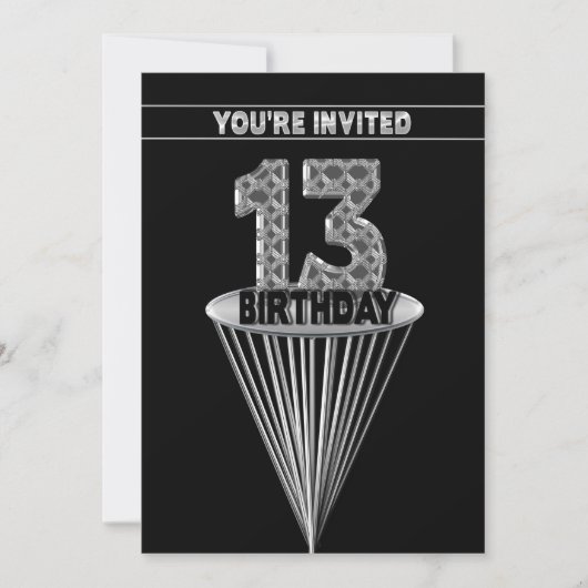 13th Birthday Party Invitation - Silver and Black, Kaart (Voorkant)