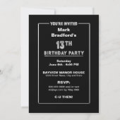 13th Birthday Party Invitation - Silver and Black, Kaart (Achterkant)