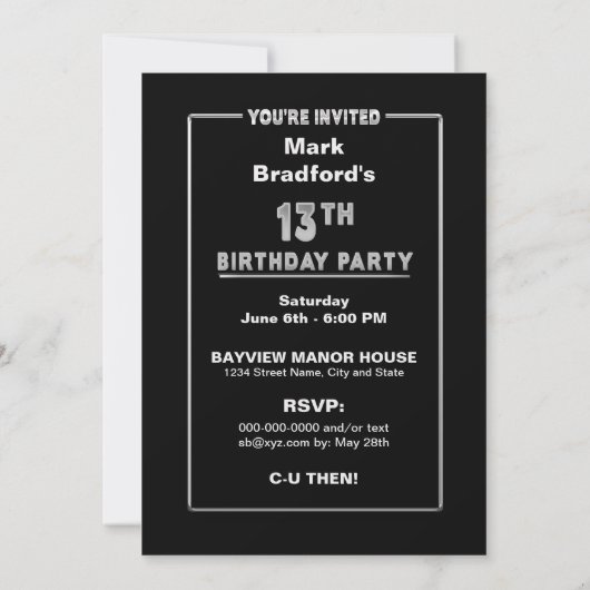 13th Birthday Party Invitation - Silver and Black, Kaart (Achterkant)