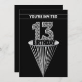 13th Birthday Party Invitation - Silver and Black, Kaart (Voorkant / Achterkant)