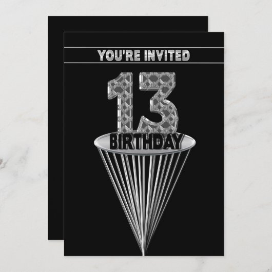 13th Birthday Party Invitation - Silver and Black, Kaart (Voorkant / Achterkant)