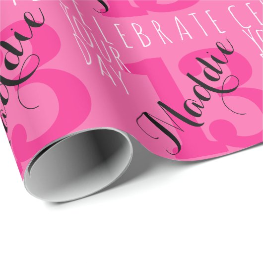 13th Birthday Pink Custom Name Typography Cadeaupapier (Rol Hoek)