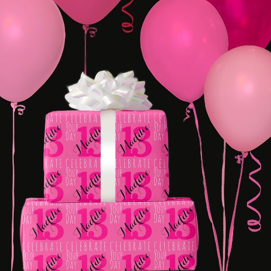 13th Birthday Pink Custom Name Typography Cadeaupapier