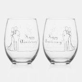 13th Lace Wedding Jubileum Line Art Paar Wijnglas Zonder Voet (Achterkant)