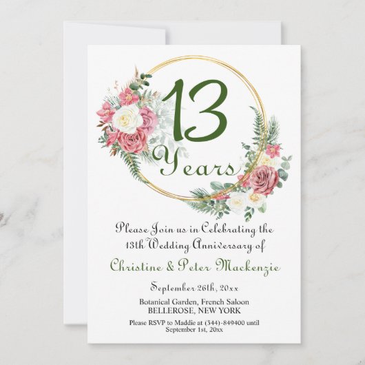 13th Lace Wedding Jubileum Rozen Goud Lijst Kaart (Voorkant)
