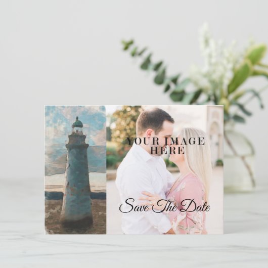 143 Lighthouse Waterverf Volledige foto Opslaan va Save The Date (Staand voorkant)
