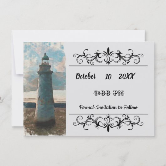 143 Lighthouse Waterverf Volledige foto Opslaan va Save The Date (Achterkant)