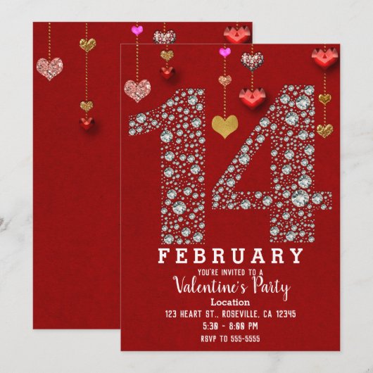 14 februari: 14de Red Hearts Valentijnsdag Party Kaart (Voorkant / Achterkant)