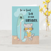 14-jarige jongen Birthday Beach Funny Cool Raccoon Kaart (Gele Bloem)
