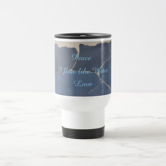 14 oz Coffee Mug Peace, Love - Blue Papercut Style Reisbeker (Center)