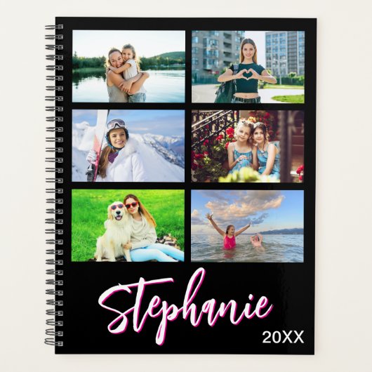 14 Photo Collage Personalized Hot Pink Black Planner (Voorkant)