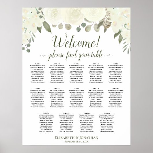 14 Tabel Ivoor White Floral Wedding Seating Chart Poster (Voorkant)