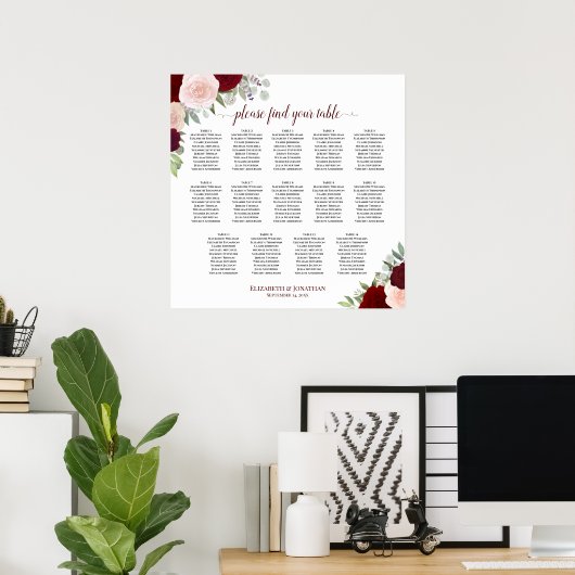 14 Tabel Rood en roze Floral Wedding Seating Chart Poster (Thuiskantoor)