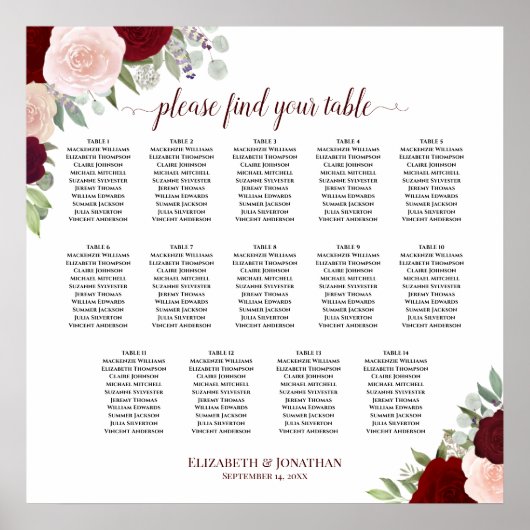 14 Tabel Rood en roze Floral Wedding Seating Chart Poster (Voorkant)
