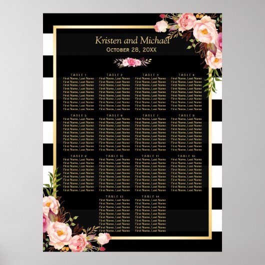 14 Tabellen Roze Floral Wedding Seating Chart Poster (Voorkant)