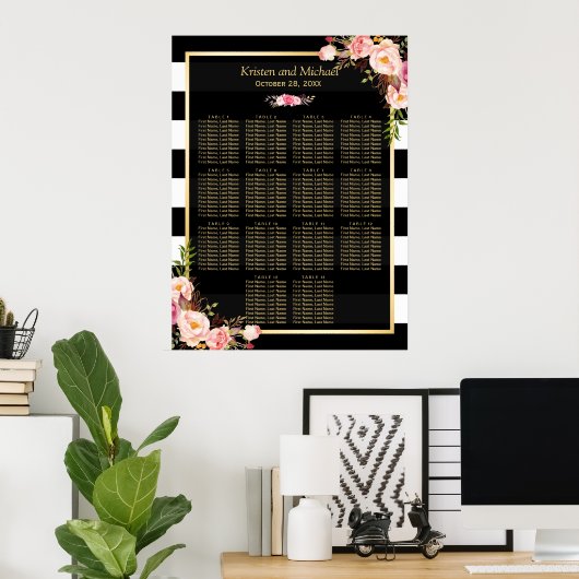 14 Tabellen Roze Floral Wedding Seating Chart Poster (Thuiskantoor)