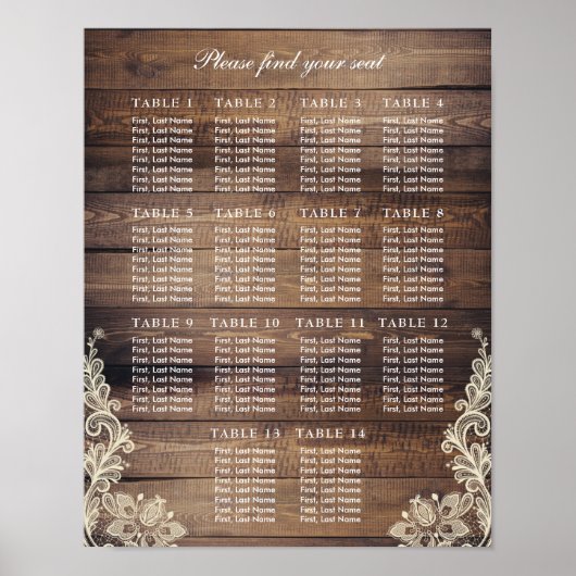 14 Tabellen Rustic Wood & Lace Wedding Seating Cha Poster (Voorkant)