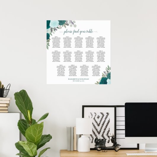 14 Tafel Blauwgroen Boho Bloemen Bruiloft Zitkaart Poster (Thuiskantoor)