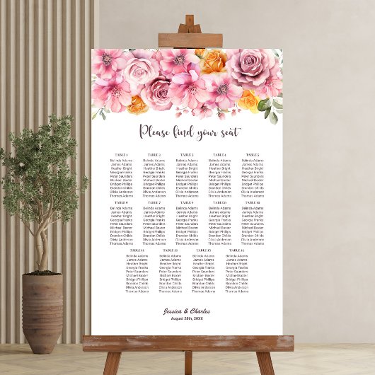 14 Tafel Elegante Roze Bloemige Trouw Zittijd Char Poster