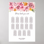 14 Tafel Elegante Roze Bloemige Trouw Zittijd Char Poster (Voorkant)
