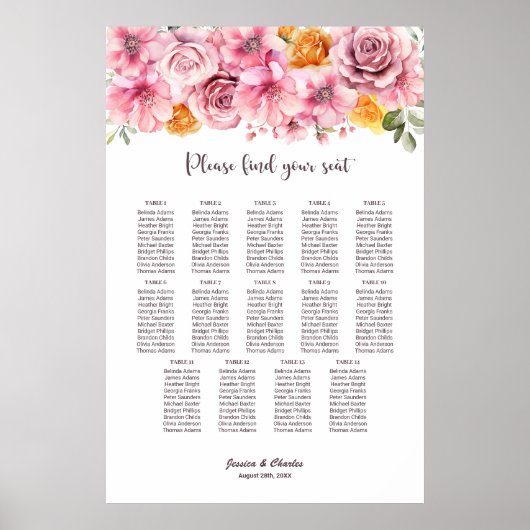 14 Tafel Elegante Roze Bloemige Trouw Zittijd Char Poster (Voorkant)