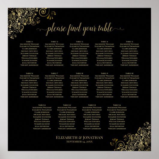 14 Tafel Gold Frills Wedding Seating Chart Black Poster (Voorkant)