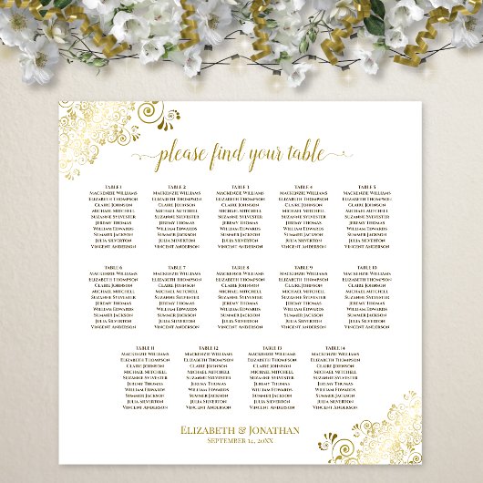 14 Tafel Gold Frills Wedding Seating Chart White Poster