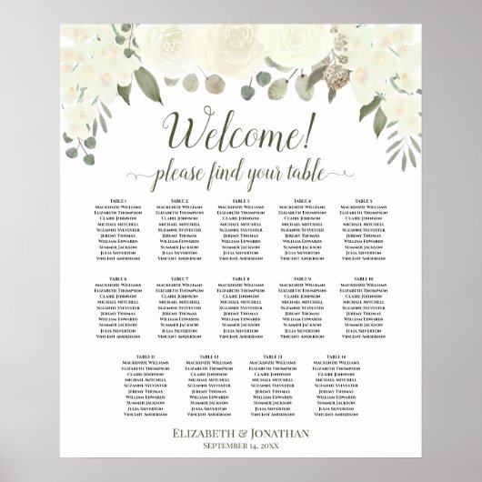 14 tafel ivoorwitte bloem bruiloft zitplaatsenkaar poster (Voorkant)