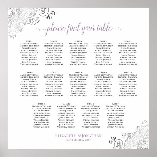 14 Tafel Lacy Wedding Seating Chart White Lavender Poster (Voorkant)