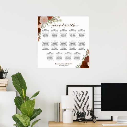 14 Tafel najaar Rozen Boho Wedding Seating Chart Poster (Thuiskantoor)