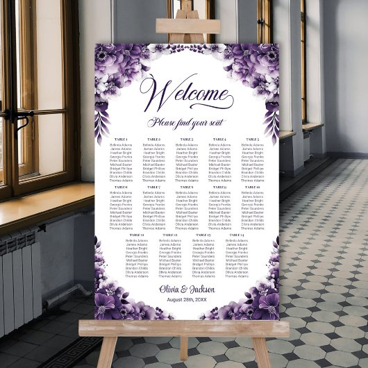 14 Tafel Paarse Bloem Bruiloftstoelindeling Grafie Poster
