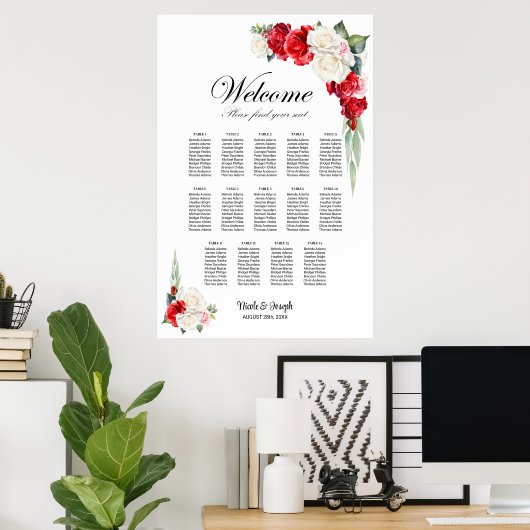 14 Tafel Rood Wit Rose Bloemen Zitting Grafiek Poster (Thuiskantoor)