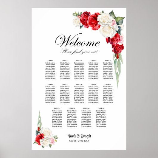 14 Tafel Rood Wit Rose Bloemen Zitting Grafiek Poster (Voorkant)