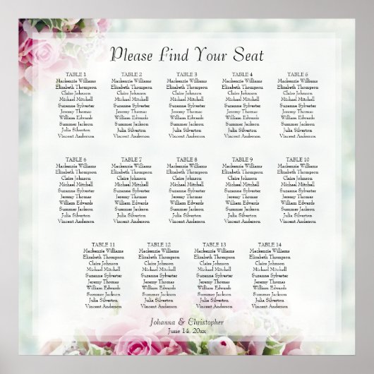 14 Tafel roze rozen weddenschappen Poster (Voorkant)