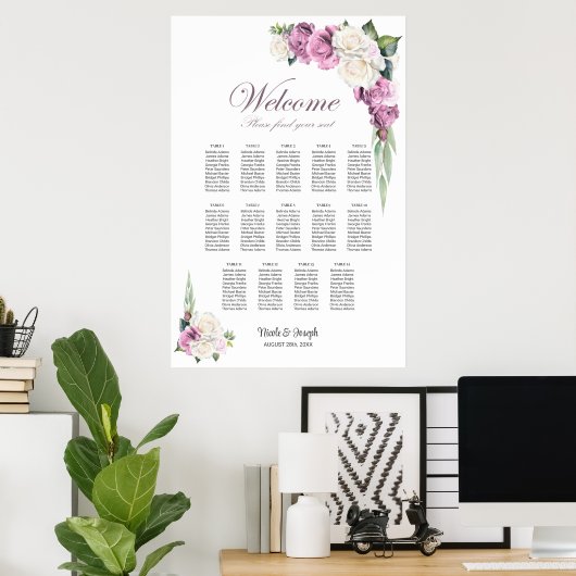 14 Tafel Roze Witte Roos Bloemen Zitting Grafiek Poster (Thuiskantoor)