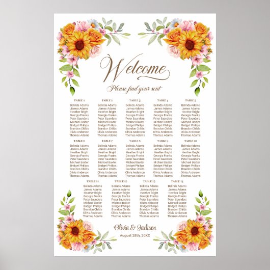 14 Tafel Zonnebloem Roos Trouwstoelkaart Poster (Voorkant)