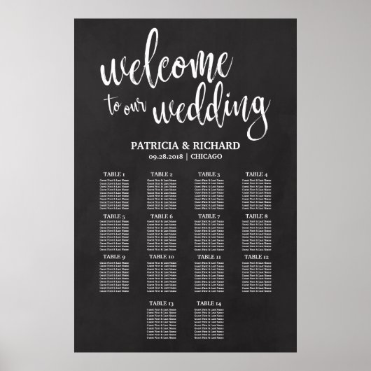 14 Tafels Huwelijksstoelindeling Bord Krijtbord Poster (Voorkant)