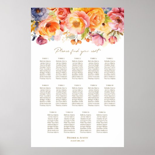 14 Tafelveer Bloemen Trouwstoel Grafiek Poster (Voorkant)