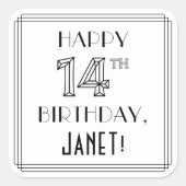 14E BIRTHDAY, Art Deco Style, aangepaste naam Vierkante Sticker (Voorkant)