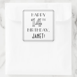 14E BIRTHDAY, Art Deco Style, aangepaste naam Vierkante Sticker