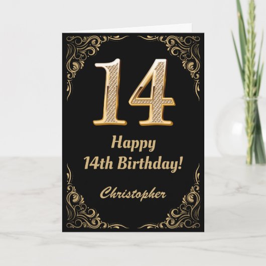14e Birthday Black en Gold Glitter Lijst Kaart (Voorkant)