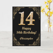 14e Birthday Black en Gold Glitter Lijst Kaart (Gele Bloem)